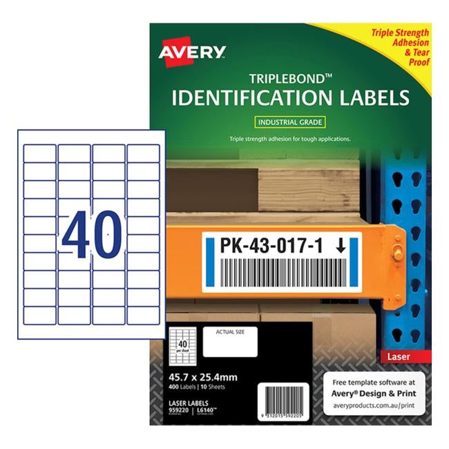 Avery Triplebond Label L6140 White 40 Up 10 Sheets Laser 45.7×25.4mm
