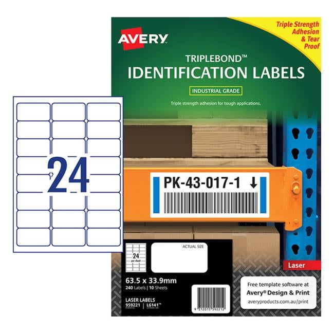 Avery Triplebond Label L6141 White 24 Up 10 Sheets Laser 63.5×33.9mm