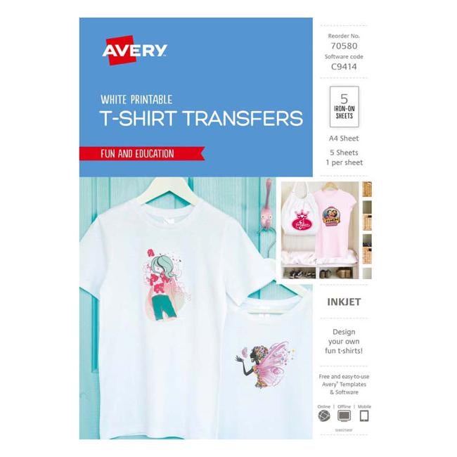 Avery Tshirt Transfer Inspired Ij76 A4 White 5 Pack