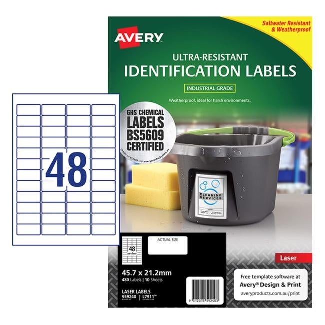 Avery Ultra Resistant Id Label L7911 White 48 Up 10 Sheets Laser 45.7×21.2mm