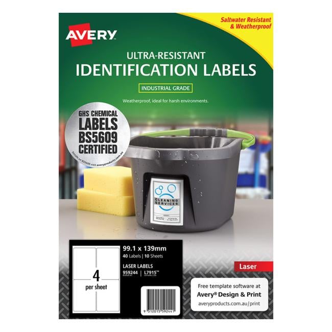 Avery Ultra Resistant Id Label L7915 White 4 Up 10 Sheets Laser 99.1x139mm