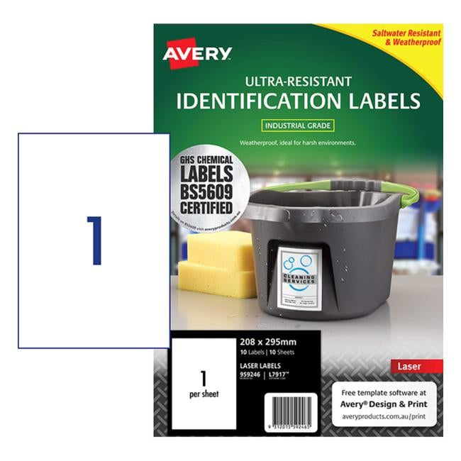 Avery Ultra Resistant Id Label L7917 White 1 Up 10 Sheets Laser 210x297mm