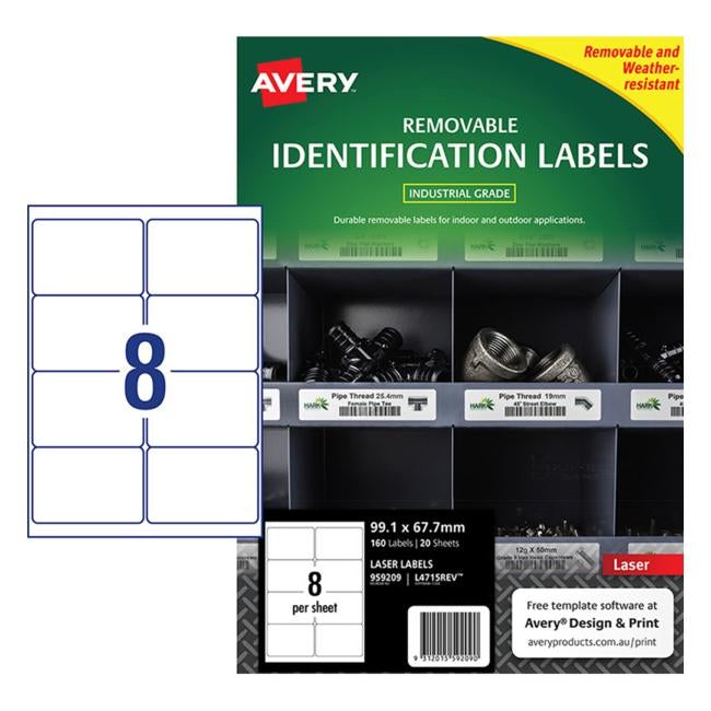 Avery Weather Resistant Label L4715 White 8 Up 20 Sheets Laser 99.1×67.7mm Removable