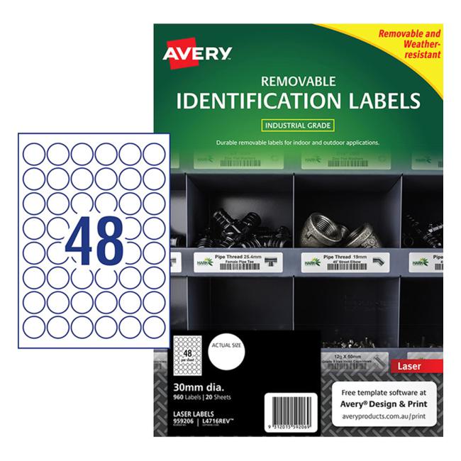 Avery Weather Resistant Label L4716 White 48 Up 20 Sheets Laser 30mm Removable