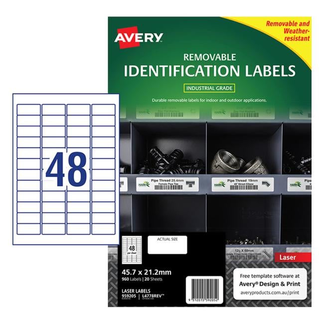 Avery Weather Resistant Label L4778 White 48 Up 20 Sheets Laser 45.7×21.2mm Removable