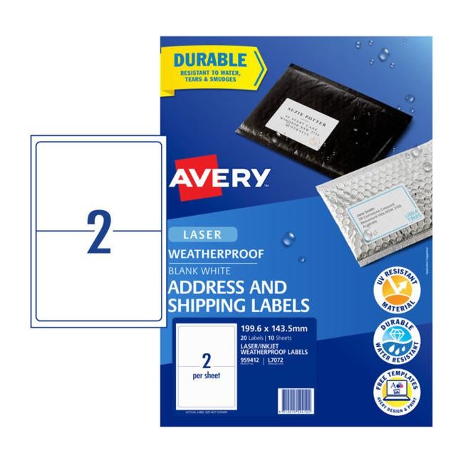 Avery Weatherproof Label L7072 199.6×143.5mm 2up 10 Sheets