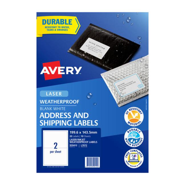 Avery Weatherproof Label L7072 199.6×143.5mm 2up 10 Sheets