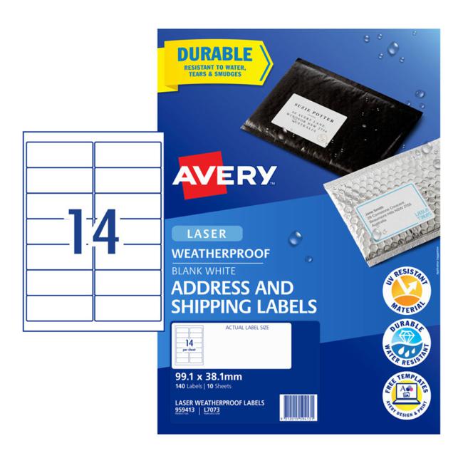 Avery Weatherproof Label L7073 99.1×38.1mm 14 up 10 Sheets