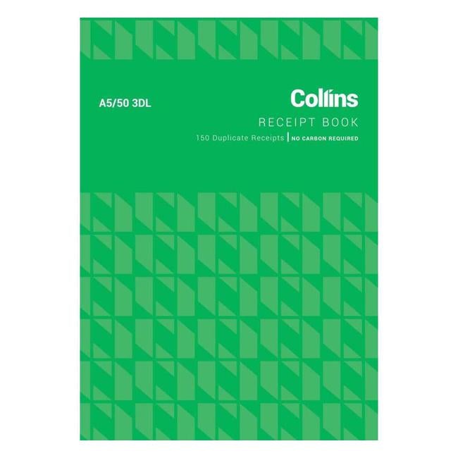 Collins Cash Receipt A5/50 3dl Duplicate No Carbon Required