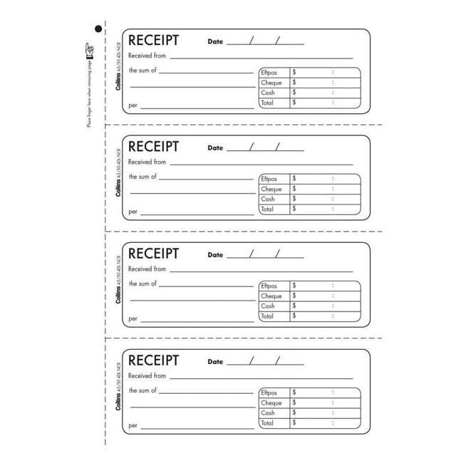 Collins Cash Receipt A5/50 4dl Duplicate No Carbon Required