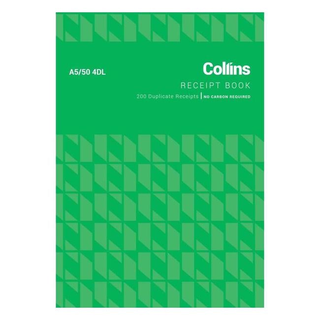Collins Cash Receipt A5/50 4dl Duplicate No Carbon Required