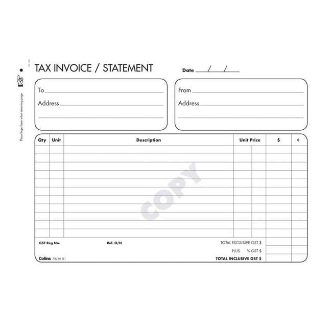 Collins Tax Invoice 78/50tl1 Triplicate No Carbon Required