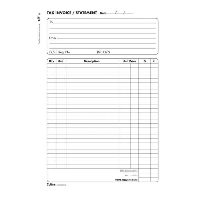Collins Tax Invoice A4/50dl Duplicate No Carbon Required